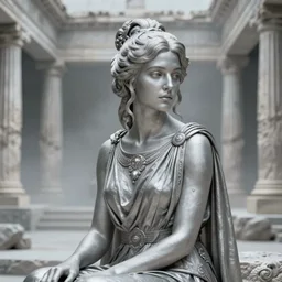 cinestill 5 0 d portrait of a beautiful woman by annie liebovitz, sitting in a hyper detailed misty ancient greek temple, pale silver tonal matt, hair intricate style, wearing are intricate ancient greek dress, elegant, highly detailed, soft foggy blur, artstation, sharp focus, head in focus,