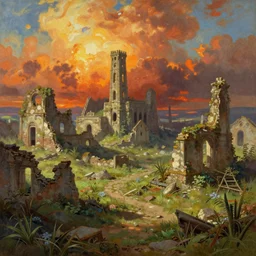 the ruined lands, overgrown ruins, sweltering heat, extremely detailed oil painting, rhads, sargent and leyendecker, savrasov levitan polenov, bruce pennington, studio ghibli, tim hildebrandt, digital art, landscape painting, trending on artstation, masterpiece