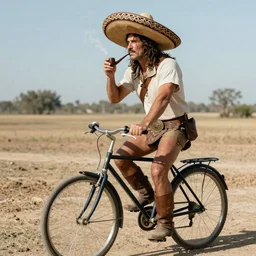 conan the barbarian on a bicycle smoking a pipe in a sombrero, photorealistic