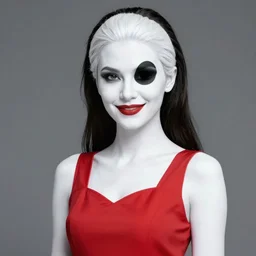 in the style of Rafael Albuquerque, Pale skin Domino marvel comics, black spot over left eye, wearing a red dress, smile