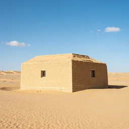 an house of bricks in a middle of the desert, sky is blue with few clouds