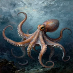 giant octopus with giant tentacles fighting with a frigate under the surface of a stormy sea, in the style of jmw turner