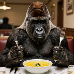gorilla holding a fork and knife, sitting at a table, bowl of yellow liquid in front of him