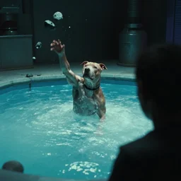 pitbull throwing rocks into a pool of translucent goo, over the shoulder perspective, in 1 9 8 5, y 2 k cybercore, industrial low - light photography, still from a kiyoshi kurosawa movie