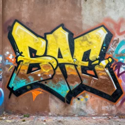 extreme graffiti tag mural maximalism, yellow, brown, black and cyan, octane render