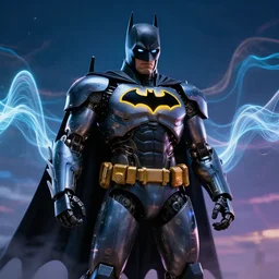 robot batman glow wave, mindight sky background, 4 k photoshop