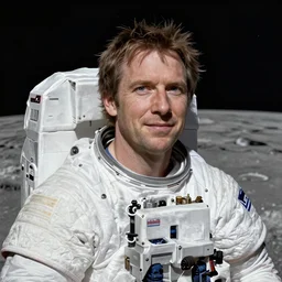 a portrait of gabe newell, ceo of valve as a astronaut on the moon by da vinci