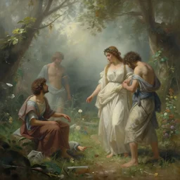 a messy greek painting of bathsheba and adonis in the garden of eden, soft focus, hazy, mist, artstation, dynamic lighting by delphin enjolras, cinematic