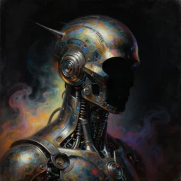 a baroque neoclassicist close - up portrait of a silhouetted aphex twin with iridescent metallic sci - fi technology. detailed textures. glowing colorful fog, dark black background. highly detailed fantasy science fiction painting by moebius, norman rockwell, frank frazetta, and syd mead. rich colors, high contrast. artstation