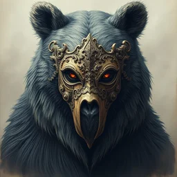 a portrait o f a bear, head on face, volumetric, wearing a carved half mask with incrustations, ethereal, elements, baroque, rococo, ink, tarot card enviromet, cinematics lights, detailed, intricate illustration, octane render, fine art by peter mohrbacher & marc simonetti