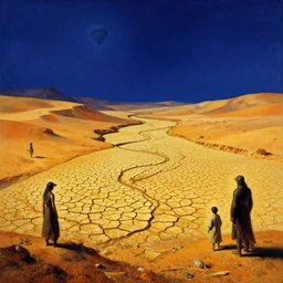 the ancient alien homeworld by harry clarke and ivan shishkin and zacharias aagaard and simon stalenhag and escher, dry river bed, barren desert landscape, chiaroscuro, tonalism, sfumato, high saturation, high contrast, vibrant, highly intricate details, dusty