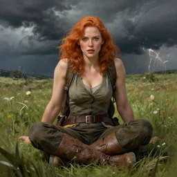 Christina Hendricks taking a rest in a meadow after an long adventure, a ruggedly muscled handsome heroine, intricate, elegant, highly detailed, centered, digital painting, artstation, concept art, smooth, sharp focus, illustration, artgerm, donato giancola, Joseph Christian Leyendecker, WLOP, Artgerm, thunder storm
