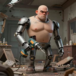 grumpy chunky bald handyman cyborg with powerdrill! arms, in a wrecked home, full body, hyperrealistic digital art masterpiece, highly detailed neo pop surrealism, jason limon kay sage hannah yata, dramatic lighting, low angle, uhd 8 k, sharp focus