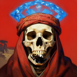 journey of Bucolic gaze death wisdom Bedouin under crimson azure diamond sky, in the style of Frank Frazetta, Jeff Easley, Caravaggio, extremely clear and coherent, clear lines, 8K revolution