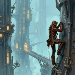 landscape painting of fantasy metal steampunk city that has a light blue glow with walkways and lit windows and you can very clearly see a fine detailed hooded thieves in browns leathers climbing one of the tall buildings using a rope, fine details, magali villeneuve, artgerm, rutkowski