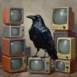 a raven standing amongst 8 0 s era technology, vintage shapes, retro technology, pantone color, wayne barlow, oil on canvas, deep depth of field, masterpiece, cinematic composition, hyperdetailed