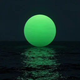 a green orb floating above the ocean at night