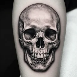a beautiful tattoo design with a creative skull, hyper realistic, black and white, realism, highly detailed