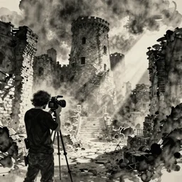 aerosmith video being filmed in an ink wash painting of medieval ruins