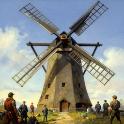 close view of medieval windmill on a field by stanley artgerm lau, wlop, rossdraws, frank frazetta, andrei riabovitchev, marc simonetti, tranding on artstation