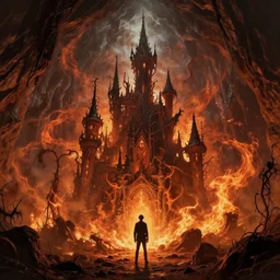 style artgerm, joshua middleton, jesper ejsing, twisted castle in hell, very long wirey spires, fire swirling, detailed, cave setting, volumetric lighting