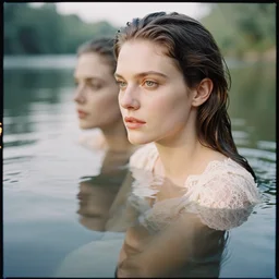 kodak portra 4 0 0, very close up photo portrait of a beautiful woman mirroring yourself in the water of a calm river, dress beauty lace inspired by narciso in style of paolo roversi, britt marling style 3 / 4, 1 5 0 mm, f. 1. 4, soft blur light, volumetric lighting, highly detailed, realistic, refined, highly detailed, interstellar outdoor soft pastel mute colours scheme, outdoor fine art photography, hyper realistic, photo realistic