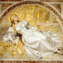 a fresco of a blonde maiden in a white gothic dress, lying on the floor of a church, surrounded by golden decorations, white marble, some white flowers, in a luxurious style, by klimt