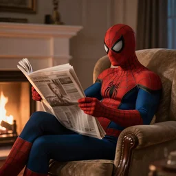 in the evening, in a cozy twilight, lounging in an armchair by the fireplace and reading a newspaper, spider - man, realistic light, soft light, focus, depth of field, photorealism, 8 k quality, high quality, realistic style, classicism painting