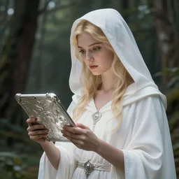 portrait of the goddess of memory recording history on a silver tablet in a forest, white hood, white dress, blonde, fantasy, magical, spiritual, detailed and intricate, elegant, majestic, highly detailed, digital painting, trending on artstation, by wlop, 4 k octane render