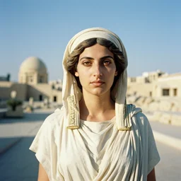 photo portrait of hypatia of alexandria, ancient greek city in the background, film photograph