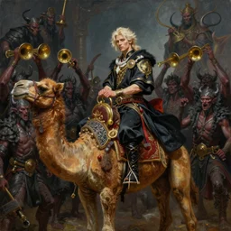 an intimate oil painting of hells king paimon riding on the back of a camel, a man with effeminate face, escorted by an army of demons playing trumpets, by boris vallejo and julie bell, intricate digital art, ornate opulence, dark fantasy, fantastic hyperreal paintings, dramatic composition, cinematic art, trending on arstation, artgem,