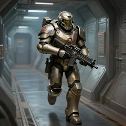 armor - plated soldier carrying a plasma rifle, running through the corridor of a spacecraft, art by emmanuel shiu