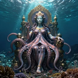 the goddes yemoja using symbiotic octopus technology on her underwater throne, unreal engine, fantasy art by greg rutkowski, loish, rhads, ferdinand knab, makoto shinkai and lois van baarle, ilya kuvshinov, rossdraws, tom bagshaw, global illumination, radiant light, detailed and intricate environment