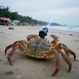 blurry dof shoulder shot of a gigantic crab with laser - turret on its back crawling towards village near a beach, [ laser ] [ turret ] [ attached ] to top of crab, xf iq 4 f 5. 6 iso 2 0 0