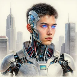 a beautiful portrait of a young bionic male cyborg, cyberpunk, intricate wiring, electronic components, augmented vision, volumetric light, hi - tek sci - fi skyscrapers in the background, haze, photography, color, intricate, extremely detailed, hyperrealistic, color pencil drawing, trending on artstation