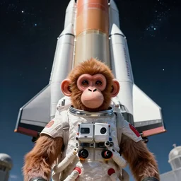 an astronaut monkey in front of a spacex falcon rocket, from love death and robots ( 2 0 1 9 ). render octane, digital art, digital influence of time and space. coherent portrait, intricate, elegant, inspirational environment, digital photo, trending on artstation, hdr photo, smooth, sharp focus