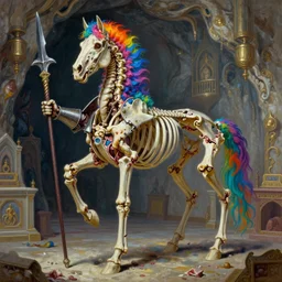 vibrant painting by Aivazovski of a colorful vibrant RGB spiked horse skeleton with armored joints stands in a large cavernous throne room with halberd in hand, Massive shoulderplates. Extremely high detail, realistic, fantasy art, solo, masterpiece, bones, ripped flesh, by Zdzisław Beksiński, Arthur Rackham, Dariusz Zawadzki, Harry Clarke