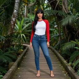 kena bridge of spirits, hispanic girl using tight white and red raglan sleeves, tight blue jeans and cool shoes, silky long black hair with bangs in a tropical forest n - 9