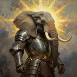 elephant barbarian knight with armor, strong sun backlight sunrays  body , extreme very textured detailed portrait oil painting by rembrandt,   dramatic clouds and  atmosphere