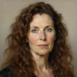 portrait of a mature woman with long curly brown hair and blue eyes, a lot of wrinkles, beautiful painting by artgerm and greg rutkowski