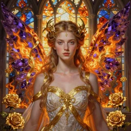 breathtaking detailed soft painting of a fairy bride with fire amethyst wings and golden ribbons in gondor, art nouveau golden rose flowers floating around, detailed symmetrical facial features, rembrandt style, hyper detailed fire stained glass windows, volumetric lighting, concept art, matte, sharp focus by Tom Bagshaw, Rebecca Guay and Greg Rutkowski