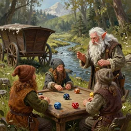 fantasy illustration of halfling dice gambling with a white haired dwarf next to a shallow creek and cart, oil painting, wlop, highly detailed, colorful, unreal engine, octane render, dramatic lighting, cinematic composition,