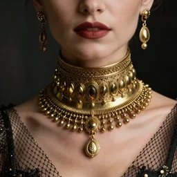 closeup headshot photo of the person who always wears heavy decorative brass chokers and fishnet gowns