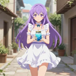 full body mature anime waifu woman hotd with lavender hair white ruffly dress, holding jarred ocean. spanish ghibli alleyway. symmetrical face. symmetrical detailed defined eyes. isekai background style.