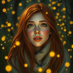 an amazed young woman surrounded by golden firefly lights in a mesmerizing scene, sitting amidst nature fully covered, long loose red hair, precise linework, accurate green eyes, small nose with freckles, smooth oval shape face, empathic, bright smile, expressive emotions, hyper realistic portrait by artemisia gentileschi, jessica rossier, boris vallejo