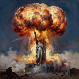 grim oil painting of statue of nuclear explosion, magali villeneuve, octane rendering, trending on artstation, thomas kinkade and james gurney