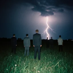 1 3 mm film photograph of a group of tall suited men in a field, liminal, dark, thunderstorm lightning, dark, flash on, blurry, grainy, unsettling