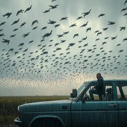 thousand men floating in the sky like rain, thousand men flying in the sky, a man next to an old car in the rain, stefan koidl