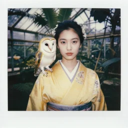 grainy head to shoulder portrait Polaroid film photograph of an elegant top model wearing a yellow kimono with a very detailed barn owl on her shoulder!!! in a tropical greenhouse. looking at the camera!!. super resolution. Extremely detailed. Polaroid 600 film. art by Rineke Dijkstra.