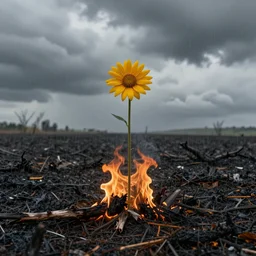 a lone flower on a dead ash fire - burned field, cloudy, raining, unreal 5 render, studio ghibli, tim hildebrandt, digital art, octane render, beautiful composition, trending on artstation, award - winning photograph, masterpiece
